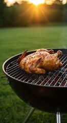 Whole Roasted Chicken on a Barbecue Grill at Sunset.