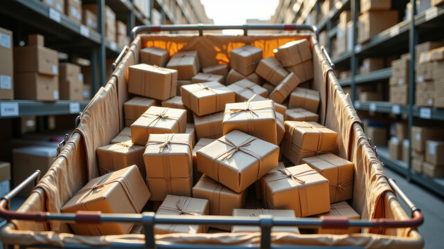 Mass of cardboard boxes in warehouse cart symbolizing oversupply for single delivery point