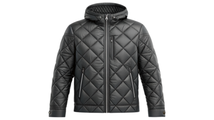 Sleek black diamond quilted puffer jacket with hood and zipper detailed studio product shot isolated on transparent background