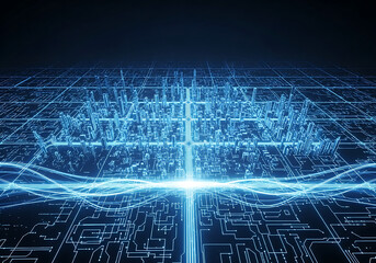 A digital circuit board design illustration set against a gradient dark blue background fading to black at the top. Glowing blue circuit lines and circular nodes create a network of data flow across t