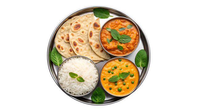 Vibrant indian thali meal with rice roti and curries served in traditional platter isolated on transparent background