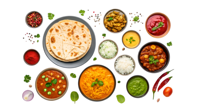 Vibrant overhead shot of an indian feast showcasing delicious cuisine and rich colors isolated on transparent background