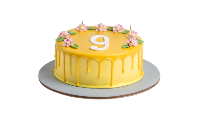 Vibrant yellow number 9 birthday cake decorated with pink flowers and drips isolated on transparent background