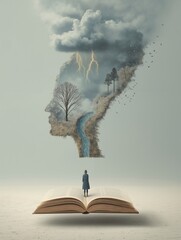 A person standing on top of an open book with a cloud above their head