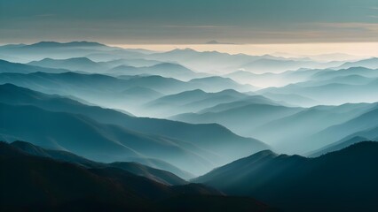 Fototapeta premium Blue layered mountains fade into mist, stretching to a pale horizon under a teal sky. Concept Blue layered mountains, Misty horizon, Teal sky, Atmospheric landscape, Serene scenery