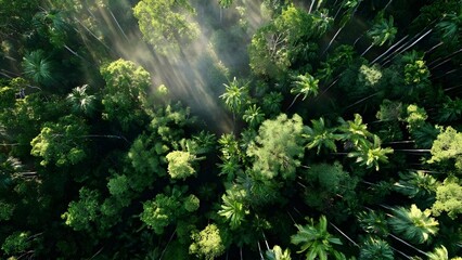 Aerial view of a dense tropical rainforest canopy with rays of sunlight filtering through tall green trees. Concept Aerial rainforest canopy, Sun rays through trees, Dense tropical forest