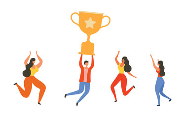 Successful business people holding gold trophy and jumping. Success, achievement and winning of competition