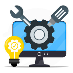 Idea for repair and maintenance service concept. Computer screen with wrench, gear, screwdriver and lightbulb represents engineer thinking to solving device troubleshooting.