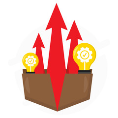 Creative growth concept showing arrows rising from a box with lightbulbs symbolizing ideas, innovation, progress, and business development in a modern flat illustration.