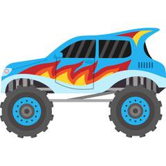 Blue Monster Truck with Fiery Flames Decals and Oversized Tires on a White Background
