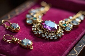 Exquisite Handcrafted Sapphire Jewelry Close-Up Gleaming Gemstones and Intricate Metalwork on Luxurious Velvet