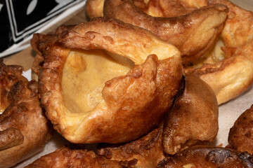 Close up of home make Yorkshire pudding roasted batter for Sunday roast dinner