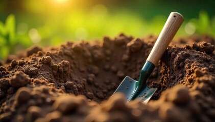 Lone Shovel in Sunlight Freshly Dug Earth, Ready for Gardening, Archaeology, or Construction Projects