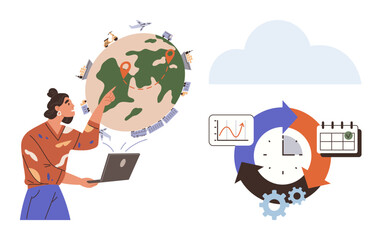 Woman pointing at globe with logistics icons, holding laptop. Circular workflow with graphs, calendar, gears. Ideal for logistics, workflow, project planning, global management scheduling
