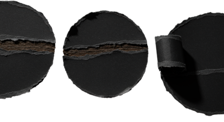 Three torn deep matte black paper circles, multi-layered, jagged edges, velvety surface, macro on transparent, raking light, sharp shadows, abstract material study