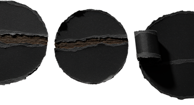 Three torn deep matte black paper circles, multi-layered, jagged edges, velvety surface, macro on transparent, raking light, sharp shadows, abstract material study