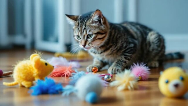 Playful kitten with toy mice and colorful feathers on wooden floor