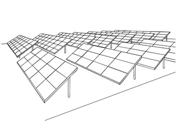 Solar Panel Field sketch. Vector rendering of 3d. Wire-frame style