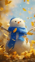 Obraz premium Seasonal shift: snowman's charm in the glow of autumn's last sunshine. Scifi poster. Cheerful snowman with vibrant scarf highlights the magic of seasonal change. Epic poster. Movie artwork.
