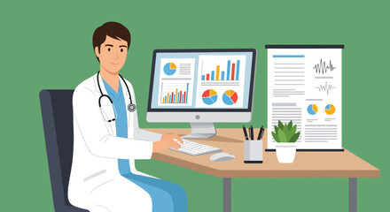 Doctor Analyzing Medical Data at Desk.