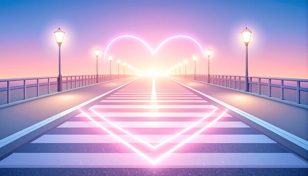 Glowing neon heart illuminating a serene bridge crosswalk at twilight, symbolizing love and safe passage