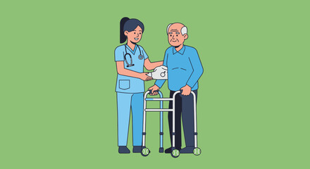 Nurse assisting elderly man with walker, providing healthcare support.