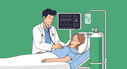 Doctor Examining Patient in Hospital Bed with Medical Equipment.