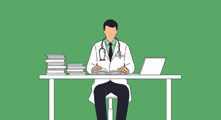 Doctor at Desk Reviewing Medical Records with Laptop and Books.