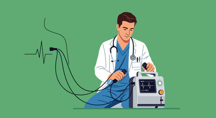 Doctor preparing electrocardiogram machine for patient examination.
