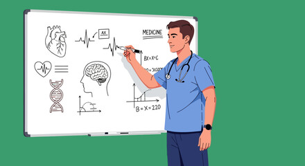Medical Professional Explaining Anatomy on Whiteboard with Heart and Brain Diagrams.