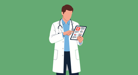 Doctor Examining Medical Chart with Stethoscope.