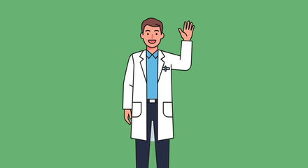 Friendly Doctor Waving Hand in a White Coat.