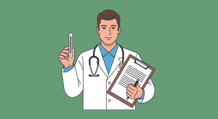 Illustration of a Doctor Holding a Thermometer and Clipboard.