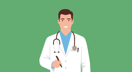 Illustration of a Smiling Male Doctor in White Coat with Stethoscope.
