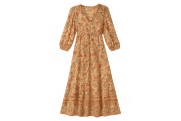 Beige floral print maxi dress featuring long sleeves, v-neck, and bohemian style for fashion