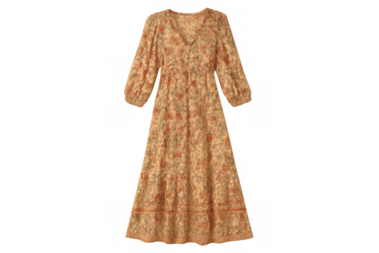 Beige floral print maxi dress featuring long sleeves, v-neck, and bohemian style for fashion