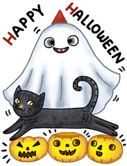 A cute ghost in a red hat, a black cat, and three smiling jack-o'-lanterns, with "Happy Halloween" text above. Artwork for Halloween. Hand-drawn character illustration isolated on white background. 
