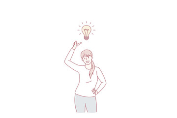 Smiling woman think brainstorm over creative idea or plan. Happy girl generate thoughts, engaged in finding solution. Creativity and innovation, problem solved concept. Flat vector illustration.