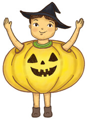 Cute boy in Pumpkin Halloween Costume with Witch Hat, Happy Halloween, Hand-drawn character illustration isolated on white background. Pastel, Watercolor, Oil pastel, Crayon and Chalk.