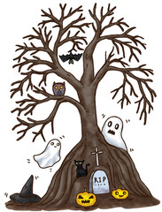 A whimsical, hand-drawn illustration of a spooky, leafless old tree serving as a Halloween focal point. Features cartoon ghosts, a black cat, a bat, an owl, a gravestone (RIP), and carved pumpkins. 