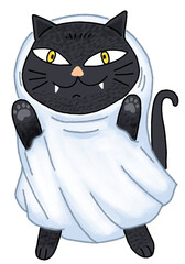 Black Cat Ghost Costume for Halloween. The cat has striking yellow eyes and small fangs, looking festive and playful. Hand-drawn character illustration isolated on white background. 