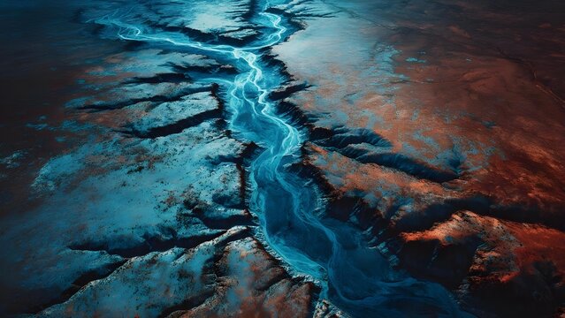 Glowing blue river winds through a deep canyon, turquoise terrain on one side and rust-red earth on the other. Concept Glowing Blue River, Deep Canyon, Turquoise Terrain, Rust-Red Earth - Powered by Adobe
