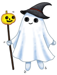 Cute and happy ghost with white sheet and wearing a black witch hat and holding a staff with a glowing yellow jack-o lantern.  Hand-drawn character illustration isolated on white background.
