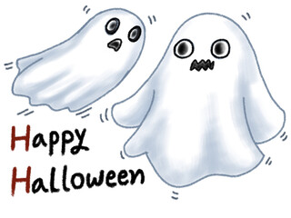 Happy Halloween with Funny two Ghosts Flying. Artwork for Halloween. Hand-drawn character illustration isolated on white background. Pastel, Watercolor, Oil pastel, Crayon and Chalk.