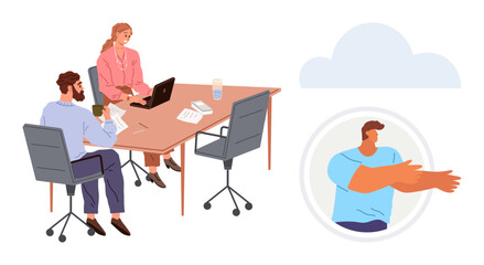 Three colleagues sitting at a meeting table with laptop, papers, and coffee remote teammate visible in video call. Ideal for teamwork, remote collaboration, workplace, connection, modern offices