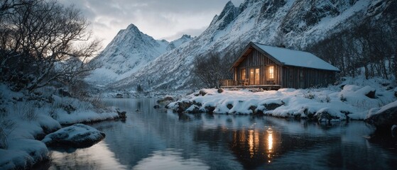 Fototapeta premium Embracing winter's charm: quietude in a frosty mountain hideaway. Vibrant expression. Harmony in nature: a rustic cabin witness to winter's arrival. Strange beauty. Fantastical figures.