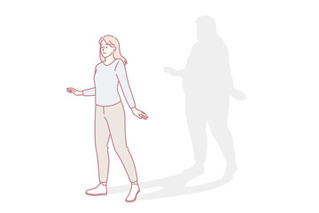 Overweight and human figure concept. Young slim fit woman standing thinking she is overweight with fat shadow at background vector illustration