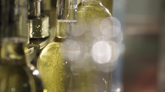 White wine bottles on production line with rising bubbles and bright reflections