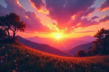 Breathtaking Sunrise Landscape Vibrant Orange, Pink, and Yellow Hues Illuminate Serene Scenery, Perfect for Travel, Nature, and Inspirational Projects