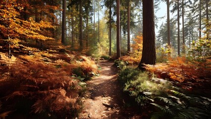 Obraz premium Autumn forest path winding through orange ferns and tall trees, sunlight streaming through the woods. Concept Autumn forest path with orange ferns, Sunlight filtering through tall trees